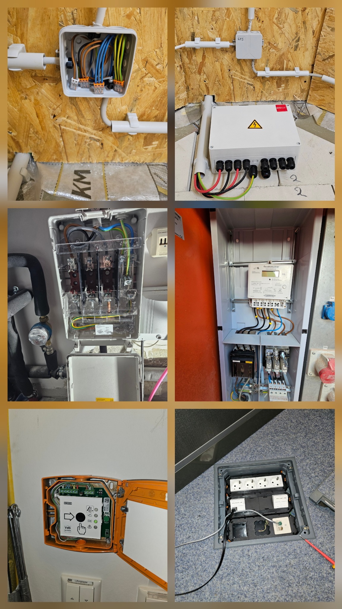 Zestawienie różnorodnych instalacji elektrycznych: skrzynki z przewodami, licznik energii, panel sterowania i gniazda podłogowe. Precyzyjne i profesjonalne wykonanie.