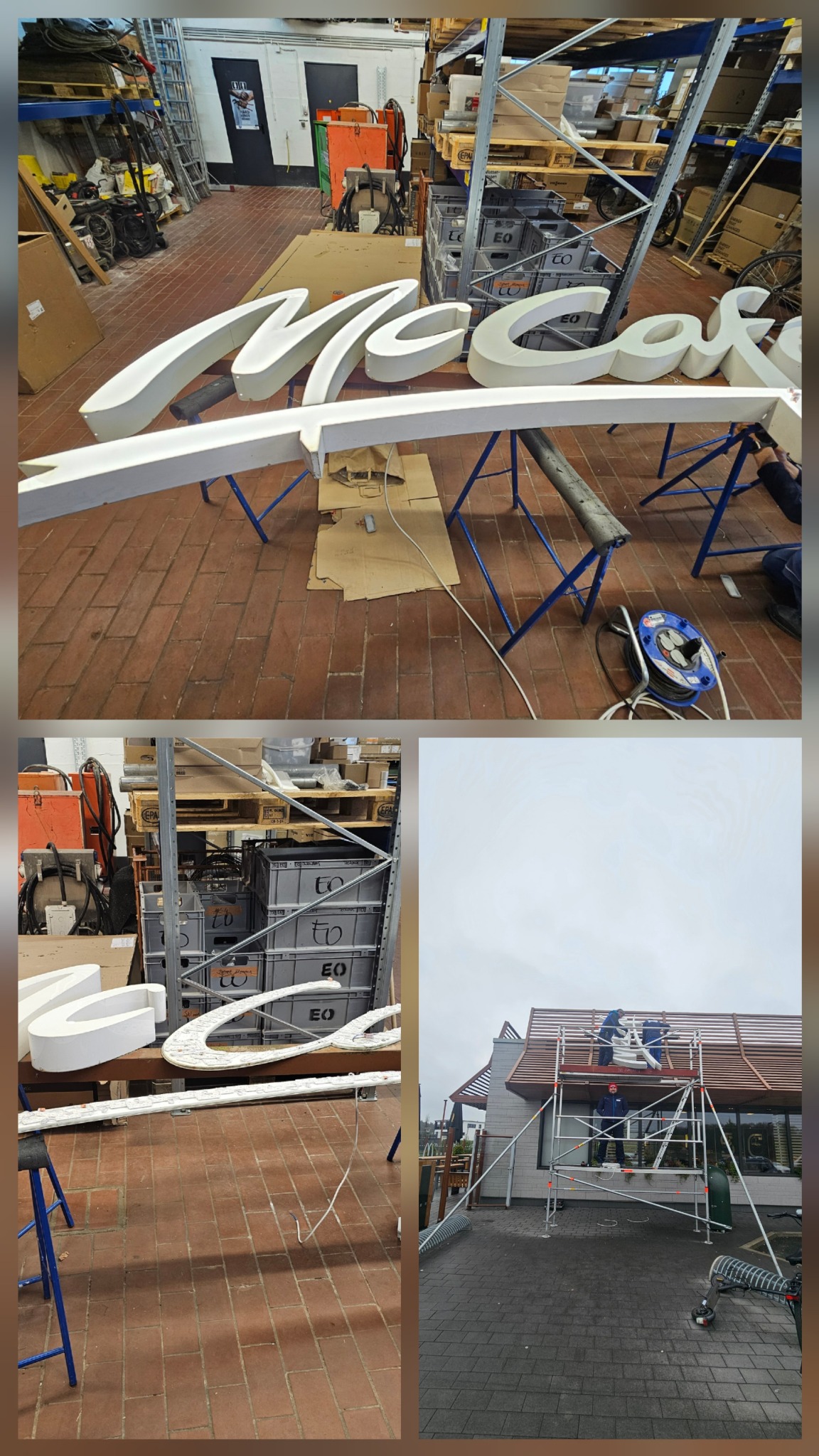 Montaż przestrzennego napisu reklamowego na elewacji budynku. Prace na rusztowaniu, widoczne elementy konstrukcyjne i narzędzia. Etap instalacji.