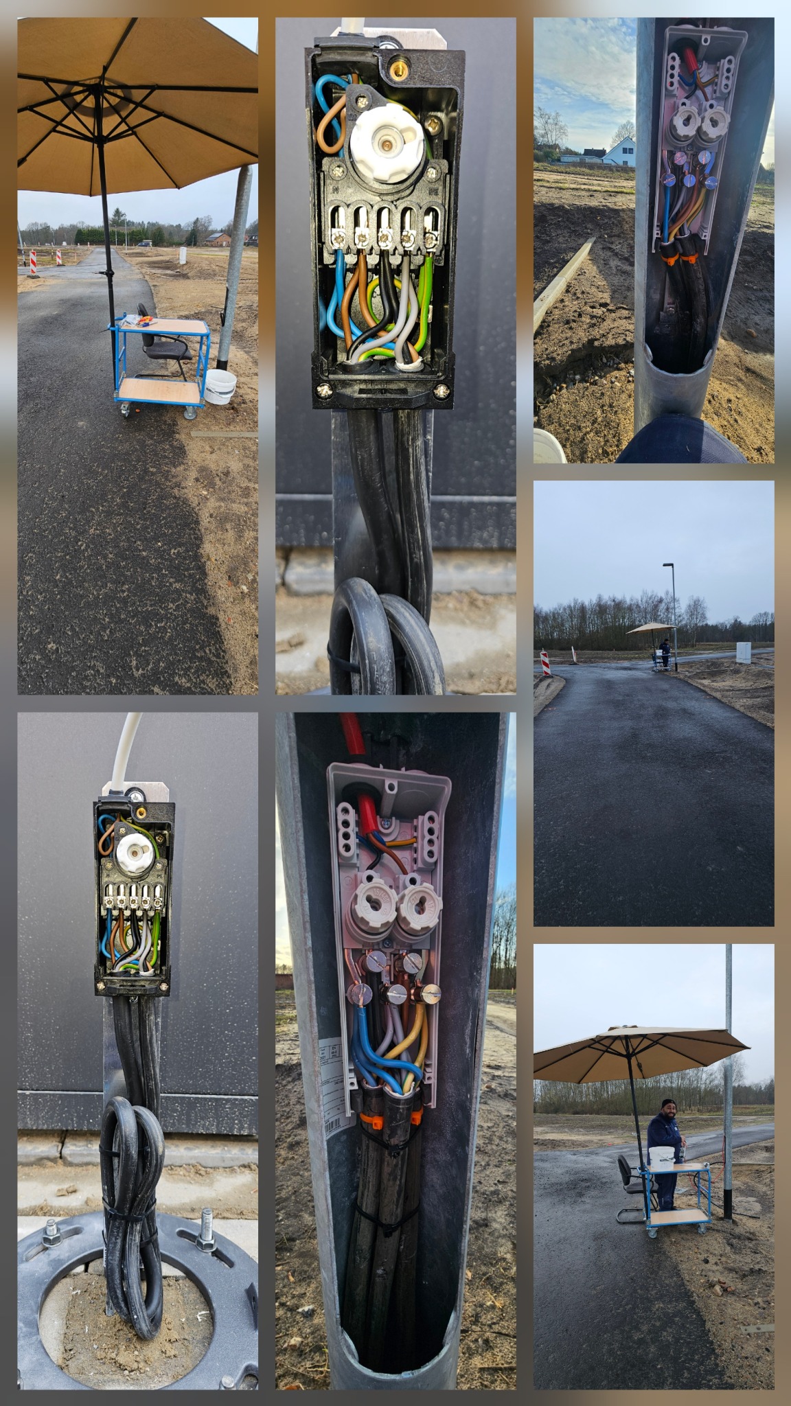 Rozdzielnia elektryczna w słupie oświetleniowym na placu budowy, widoczne kable i bezpieczniki. Na zewnątrz stanowisko pracy pod parasolem.