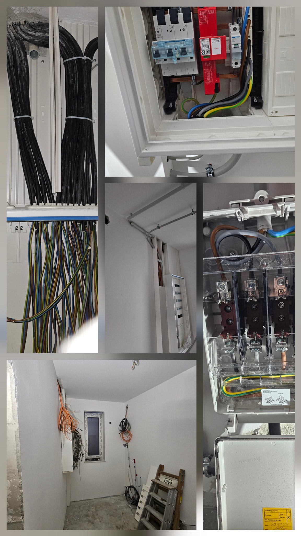 Rozdzielnia elektryczna w trakcie montażu: kable, zabezpieczenia, listwy. Widoczne elementy instalacji w surowym pomieszczeniu z drabiną.