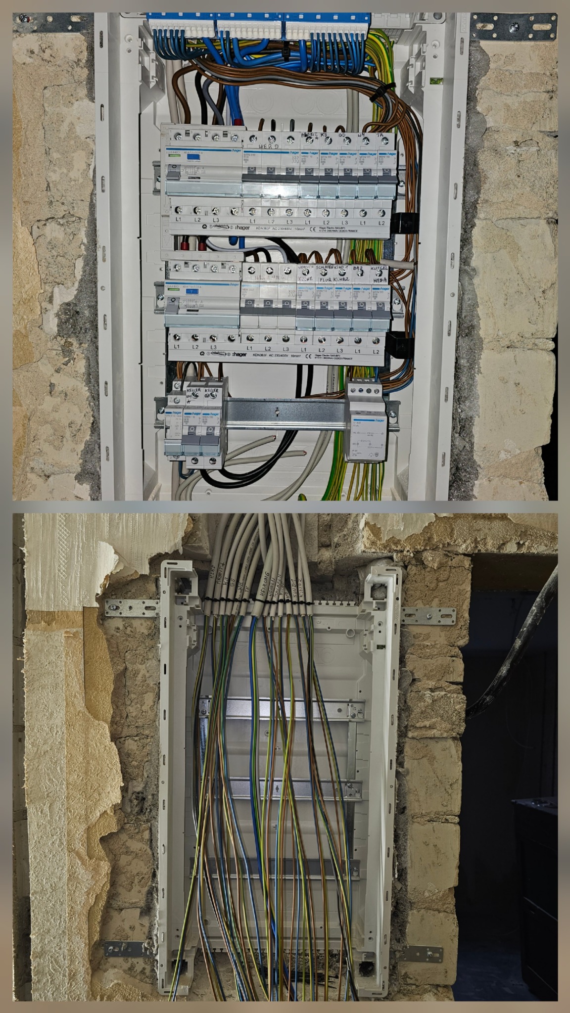 Rozdzielnica elektryczna Hager w trakcie montażu w surowej ścianie, widoczne kable i zabezpieczenia. Górna część z podłączonymi przewodami, dolna z wyprowadzonymi kablami.