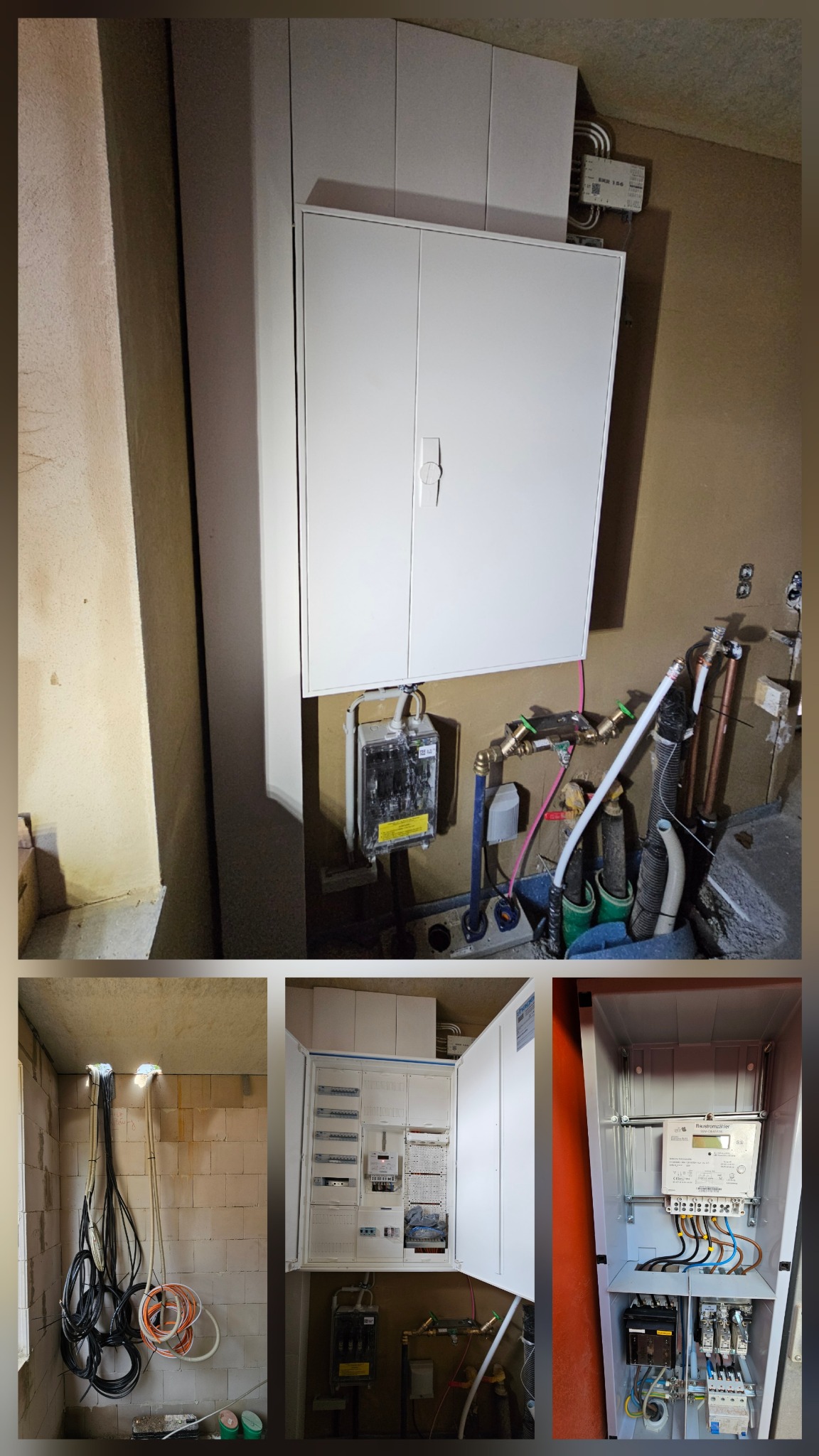 Biała szafka elektryczna z licznikiem i instalacją, widok z bliska. Nowoczesne zabezpieczenia i estetyczne wykończenie w pomieszczeniu technicznym.