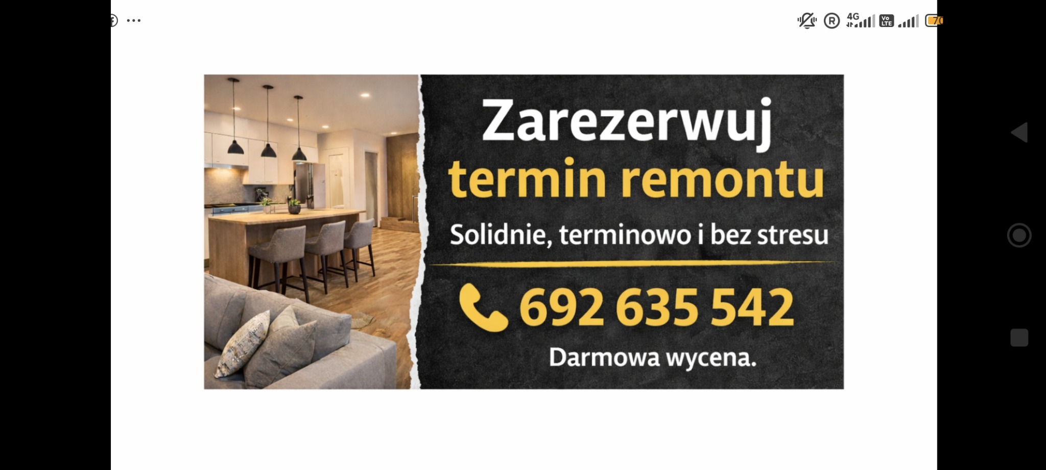 Nowoczesna kuchnia po remoncie z wyspą i szarym narożnikiem, obok reklama z numerem telefonu i hasłem 'Zarezerwuj termin remontu'.