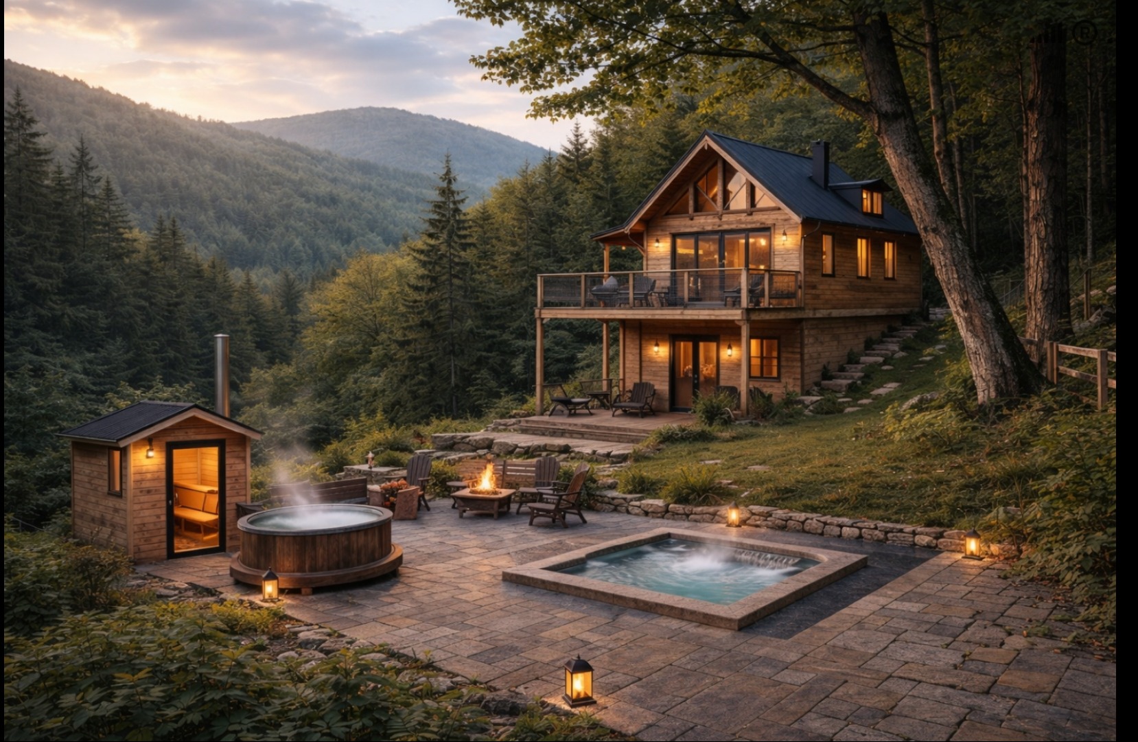 Drewniany dom z sauną i jacuzzi na tle gór, oświetlony ciepłym światłem zachodzącego słońca. Kamienna ścieżka i palenisko dodają uroku.