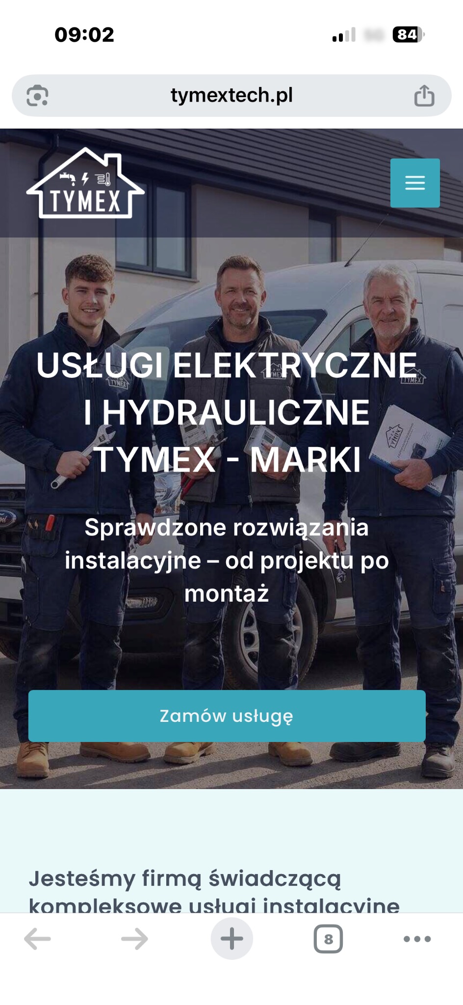 Strona internetowa firmy TYMEX z ofertą usług elektrycznych i hydraulicznych. Trzech pracowników w uniformach na tle firmowego samochodu.
