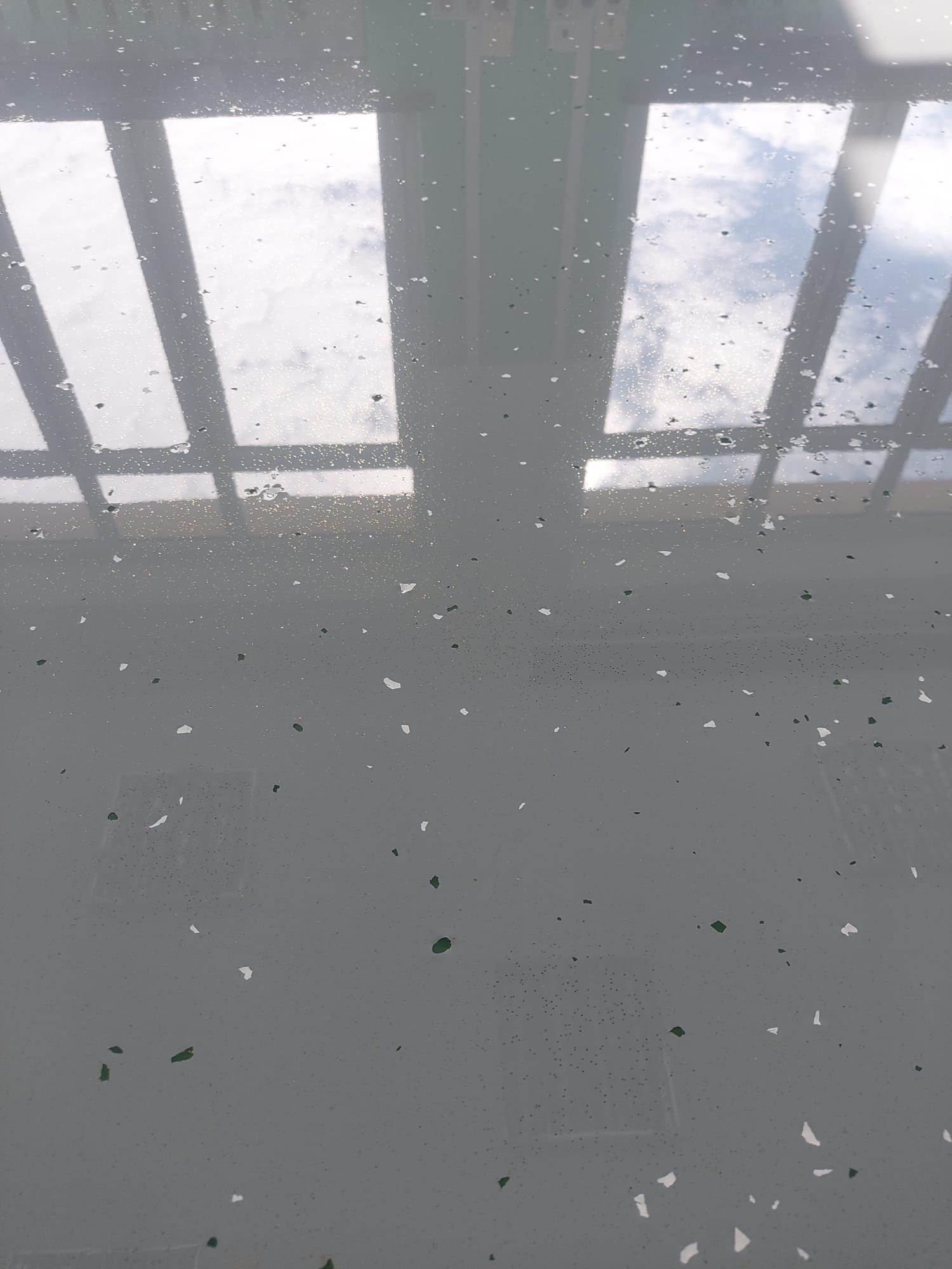 Błyszcząca, szara posadzka z drobnymi, kolorowymi elementami dekoracyjnymi, odbijająca światło okien w Sochaczewie. Gładka powierzchnia, widoczne refleksy.