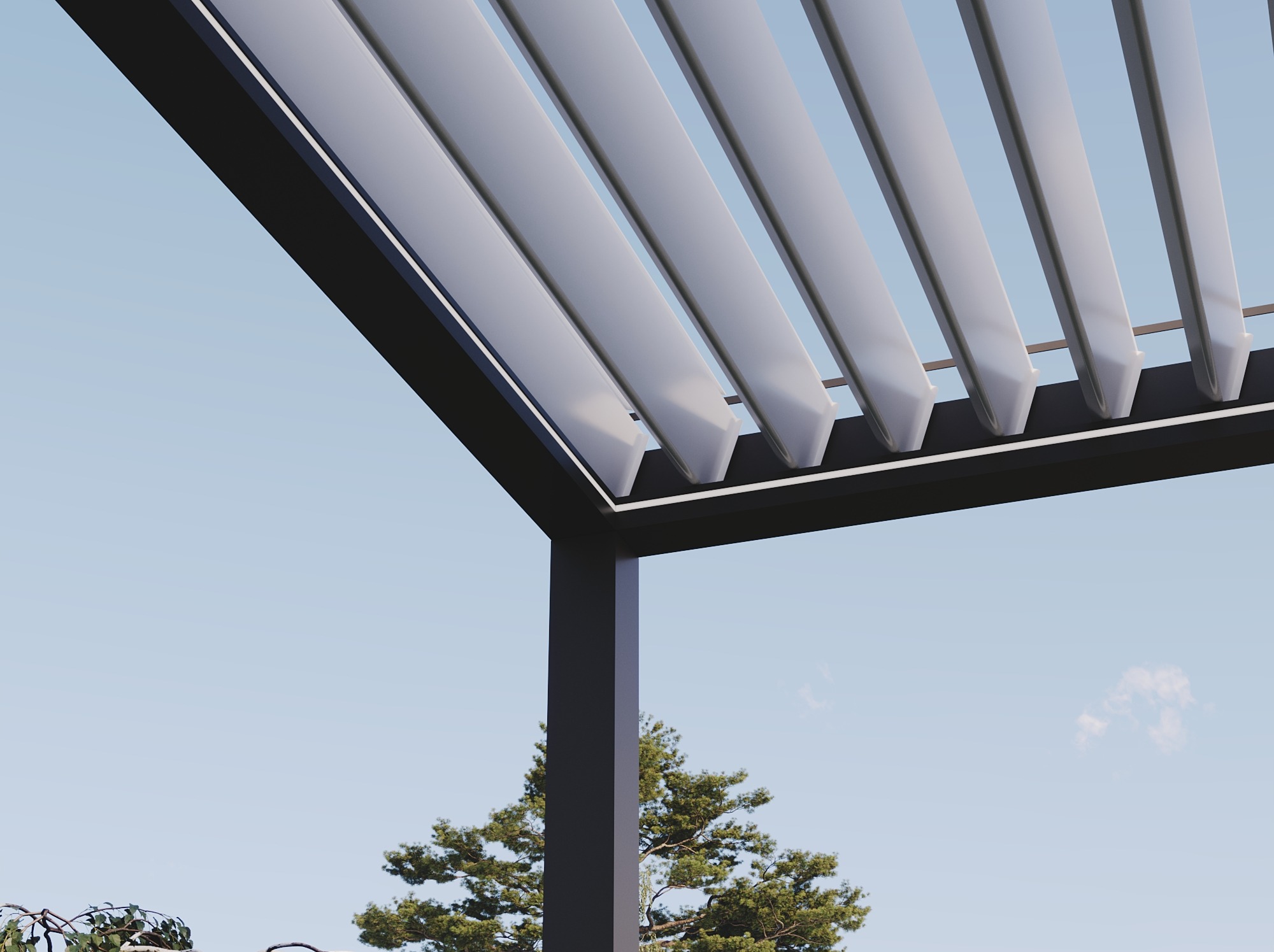 Nowoczesna konstrukcja z metalu, prawdopodobnie zadaszenie tarasu, z widokiem na błękitne niebo i drzewa. Minimalistyczny design i geometryczne kształty.