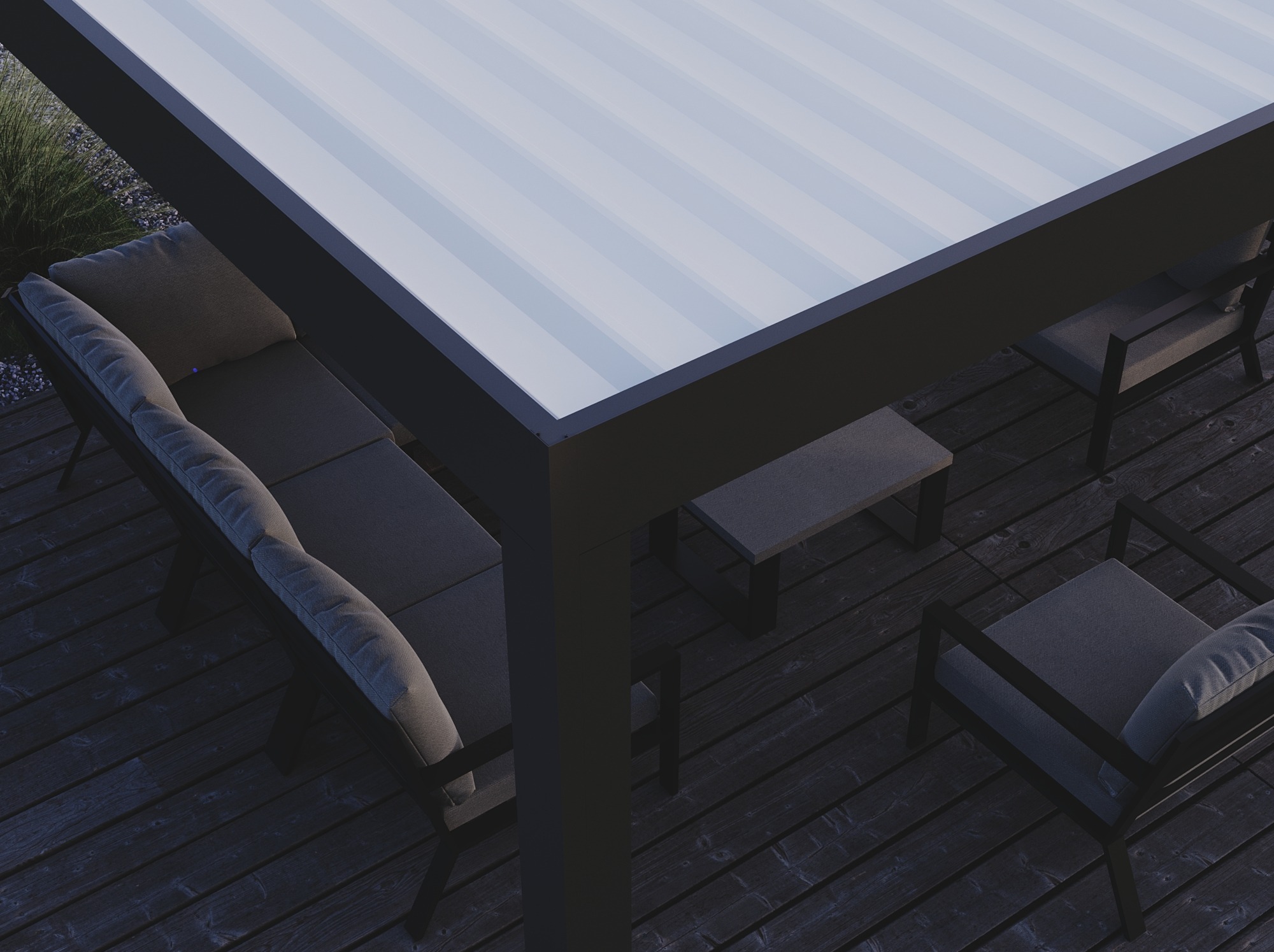 Nowoczesna pergola metalowa z meblami ogrodowymi na drewnianym tarasie, widok z góry, stonowana kolorystyka, minimalistyczny design.