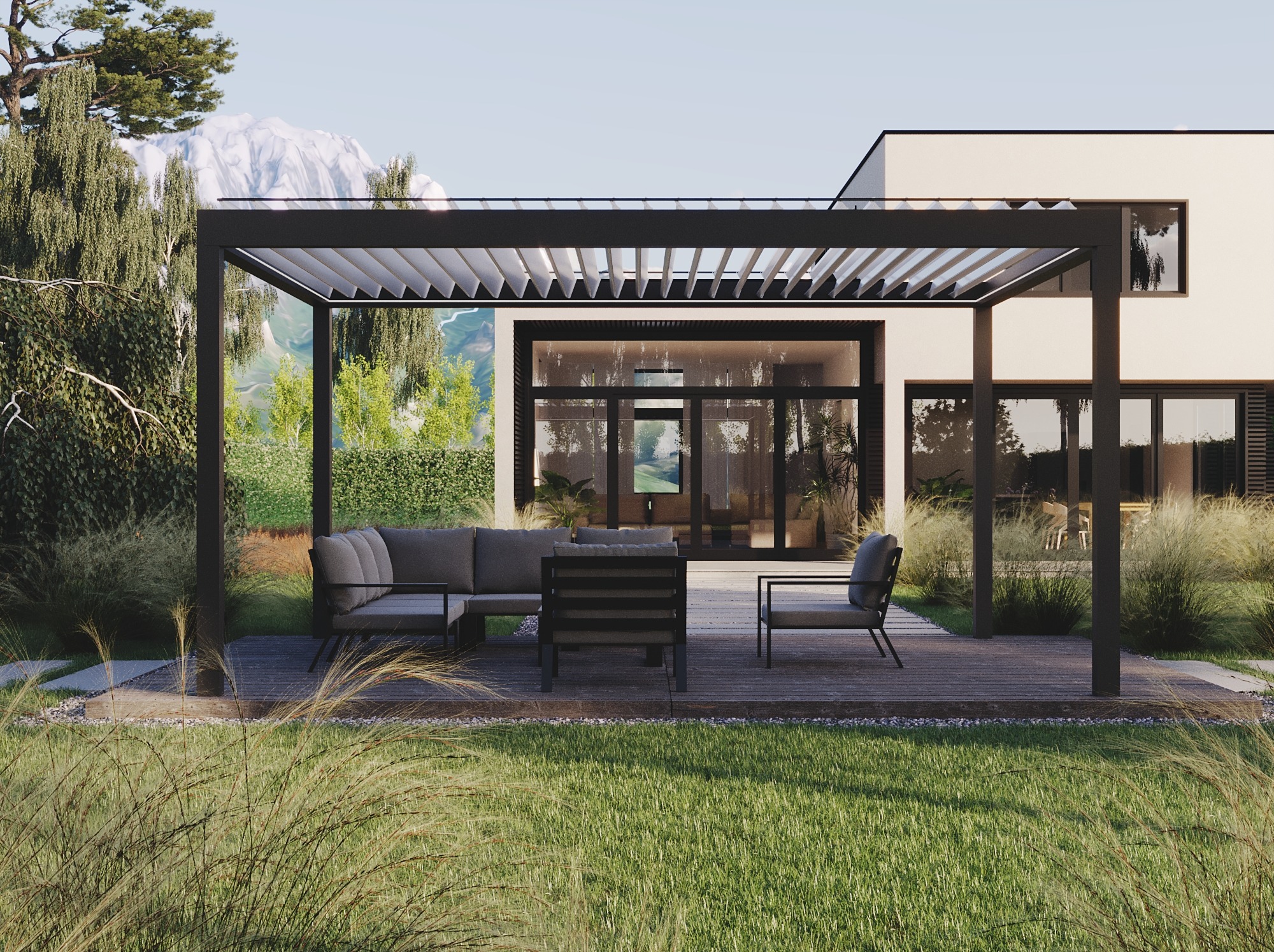 Nowoczesna, czarna konstrukcja zadaszenia tarasu z lamelami, z szarymi meblami ogrodowymi na drewnianym podeście. W tle góra i zieleń ogrodu.