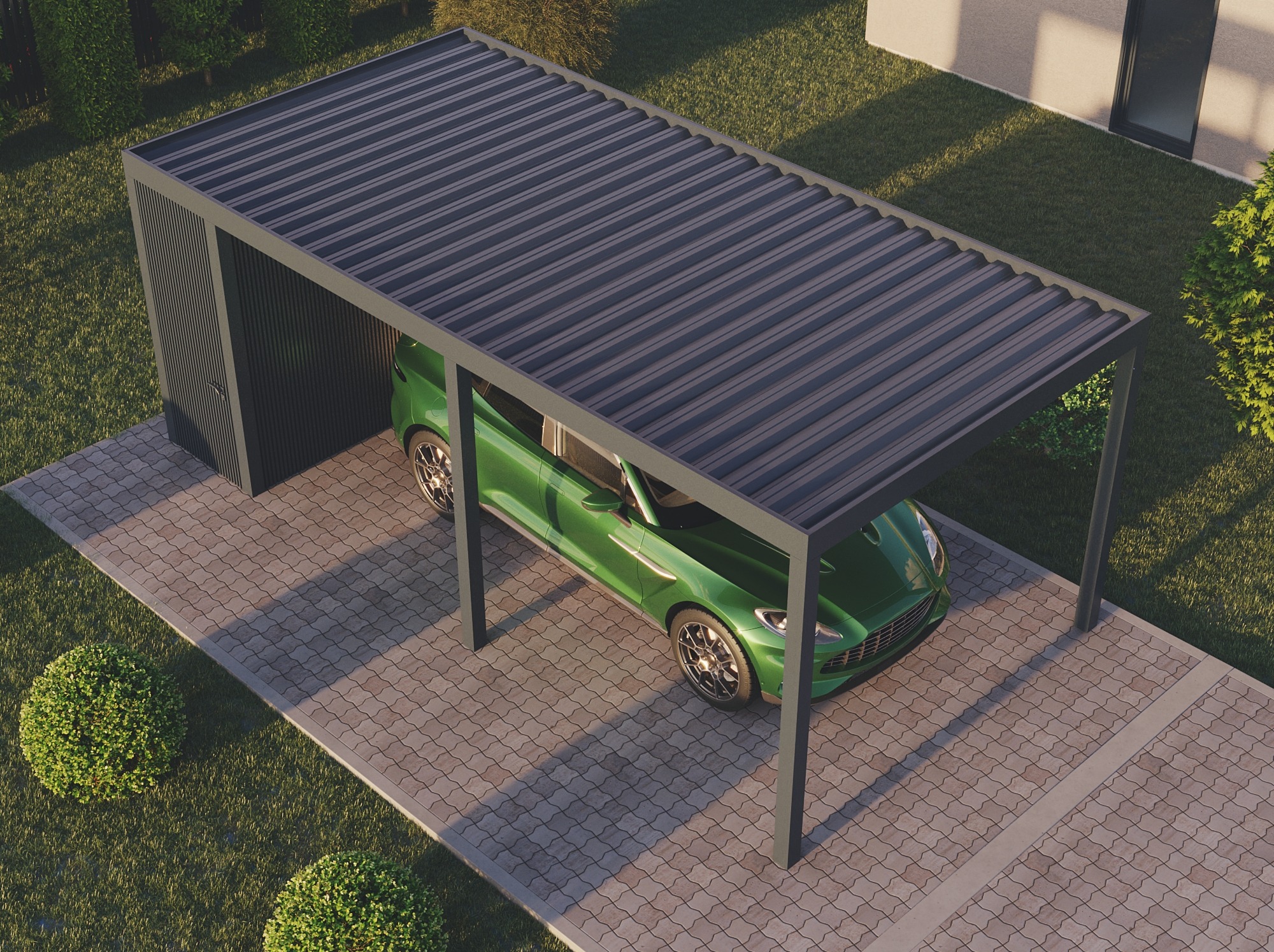 Nowoczesna, grafitowa konstrukcja z zadaszeniem, chroniąca zielony samochód. Widok z góry ukazuje kostkę brukową i trawnik. Minimalistyczny design.