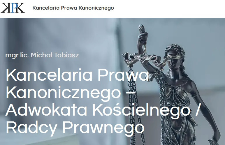 Kancelaria Prawa Kanonicznego mgr lic. Michał Tobiasz. Statua Temidy, symbol sprawiedliwości, na tle nazwy kancelarii. Adwokat Kościelny / Radca Prawny.