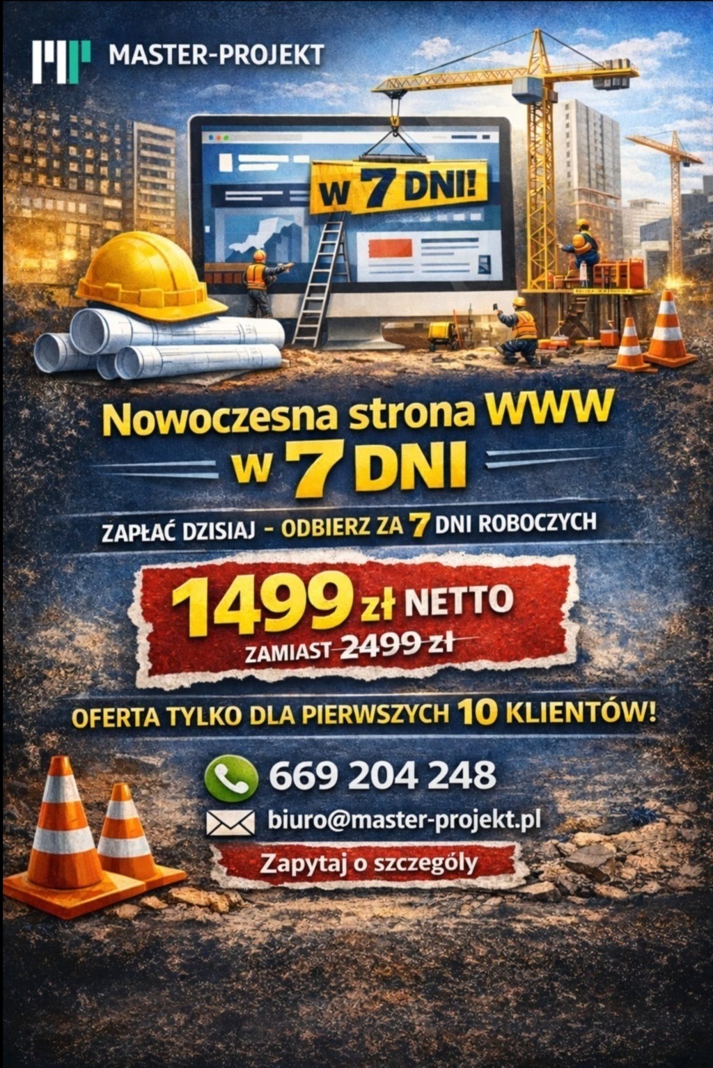 Oferta: Nowoczesna strona WWW w 7 dni. Grafika z wizualizacją budowy strony, kaskiem, planami i stożkami ostrzegawczymi. Promocja dla pierwszych 10 klientów.