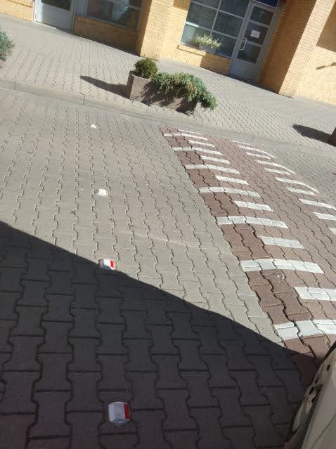 Ułożona kostka brukowa z elementami w kolorze ceglastym tworzącymi pasy. Widoczne budynki w tle i cień. Dwa pojemniki na ziemię z roślinami.