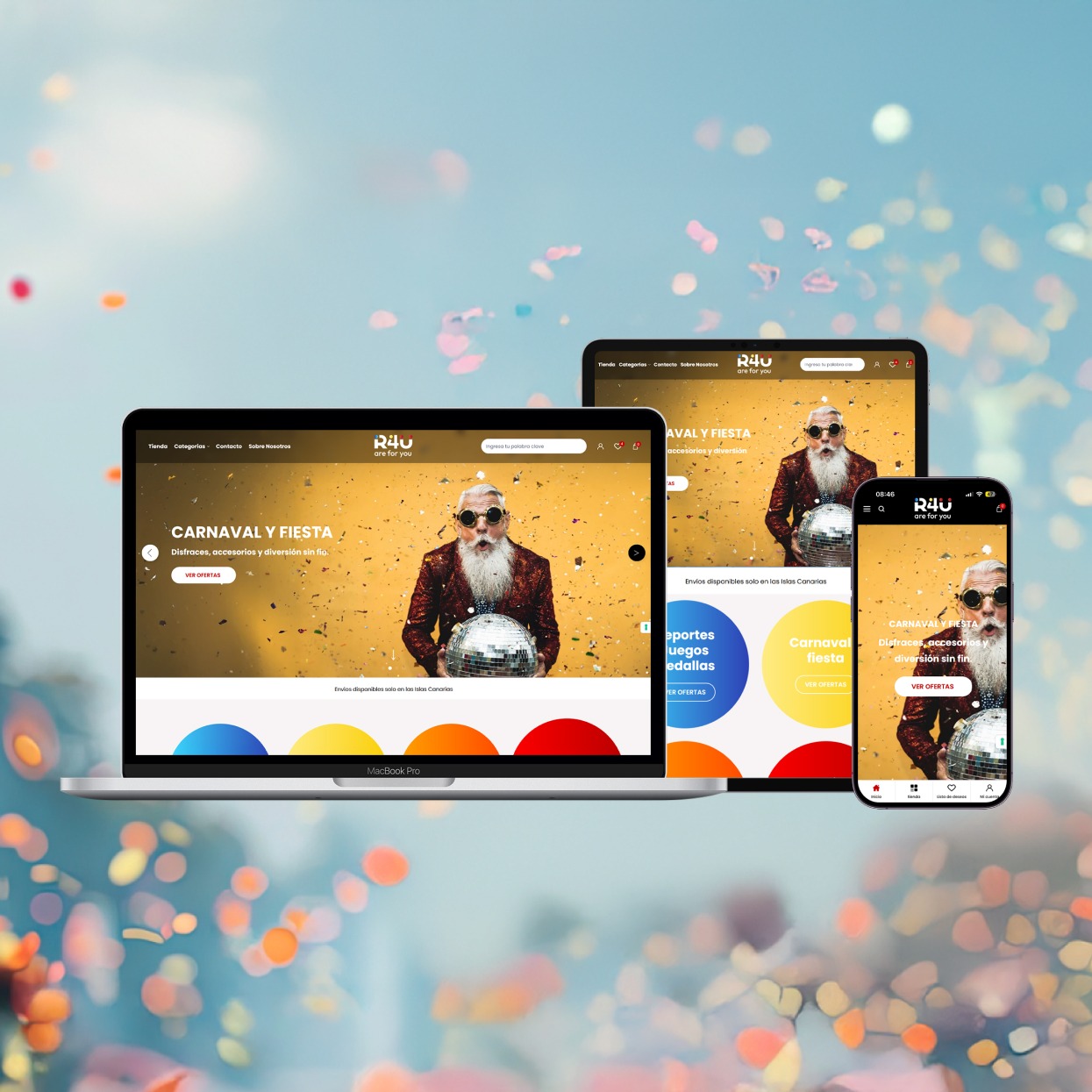 Responsywna strona WWW 'R4U are for you' na laptopie, tablecie i smartfonie. Motyw karnawałowy z mężczyzną w cekinowej marynarce i okularach, trzymającym dyskotekową kulę.