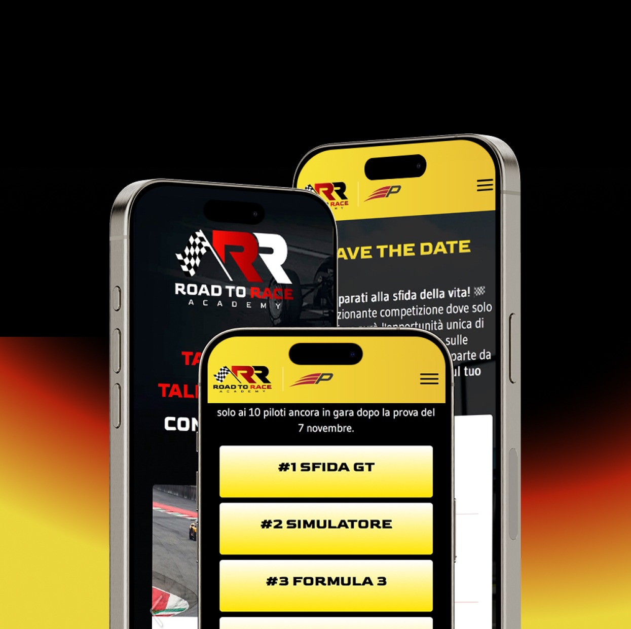 Trzy telefony z aplikacją Road to Race Academy, prezentujące różne ekrany: logo, datę wydarzenia i listę opcji (SFIDA GT, SIMULATORE, FORMULA 3). Żółto-czarna kolorystyka.