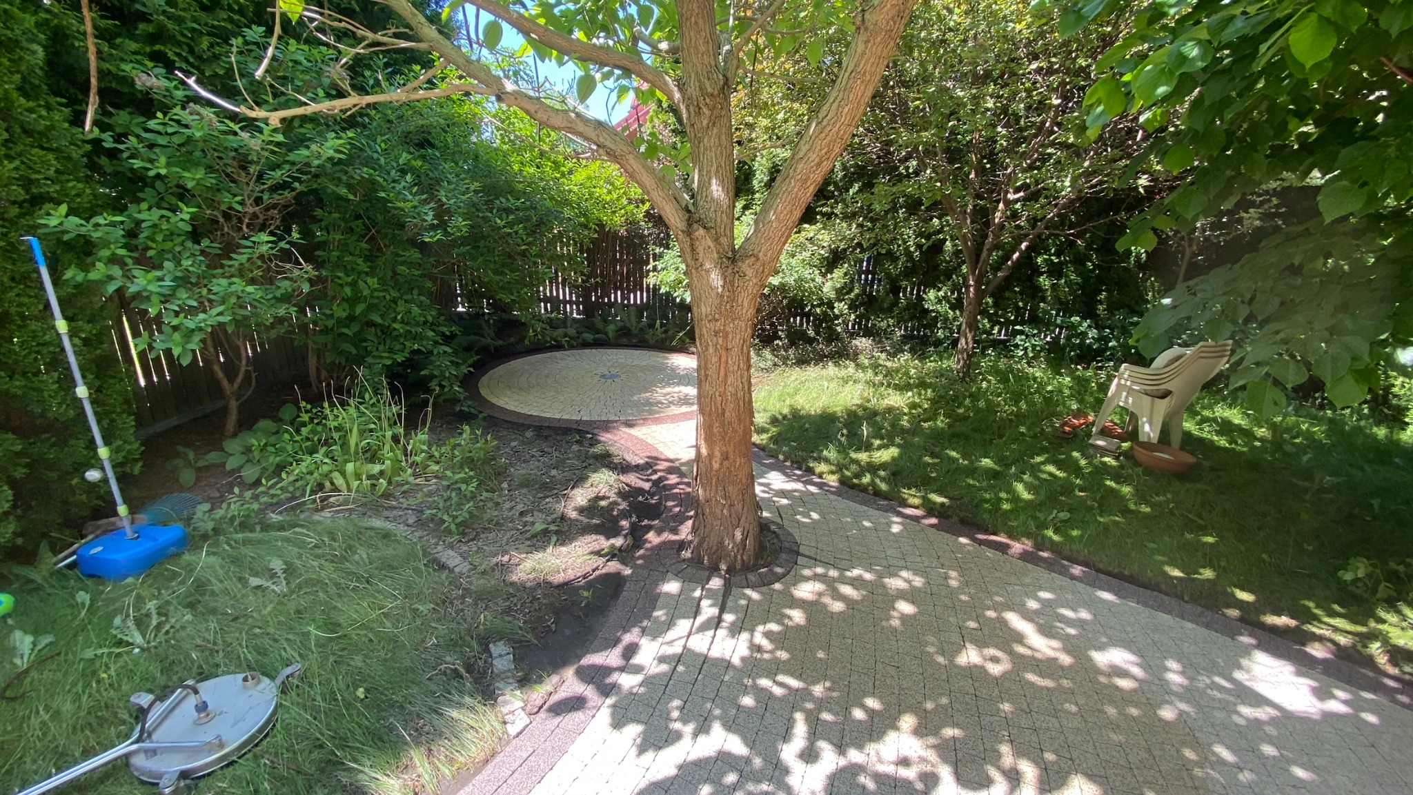 Ścieżka z kostki brukowej w ogrodzie, częściowo zacieniona przez drzewo. Widoczny sprzęt do czyszczenia kostki brukowej i okrągły plac z kostki w tle.