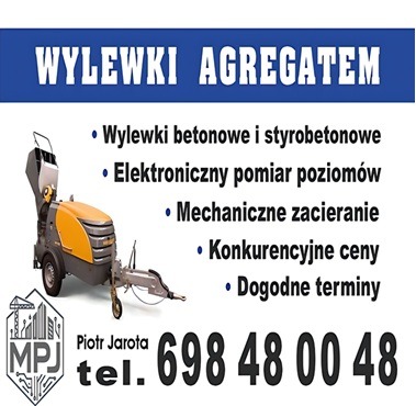 Żółty agregat do wylewek z hasłem 'Wylewki agregatem' i listą zalet: betonowe, pomiar poziomów, zacieranie, konkurencyjne ceny, dogodne terminy. Kontakt do firmy.