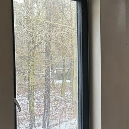 SPEED - PUB RADOSŁAW BUCHALIK - Świeżo otynkowana ściana wewnątrz budynku z widokiem na zimowy krajobraz przez okno. Szare okno, gładka powierzchnia tynku. Widoczne ślady po pracach wykończeniowych.