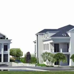 Wizualizacja dwóch domów z ogrodem. Jeden dom z balkonem i przeszkleniami, drugi z tarasem na dachu. Otoczenie z zielenią i elementami wodnymi. Projekt architektoniczny.