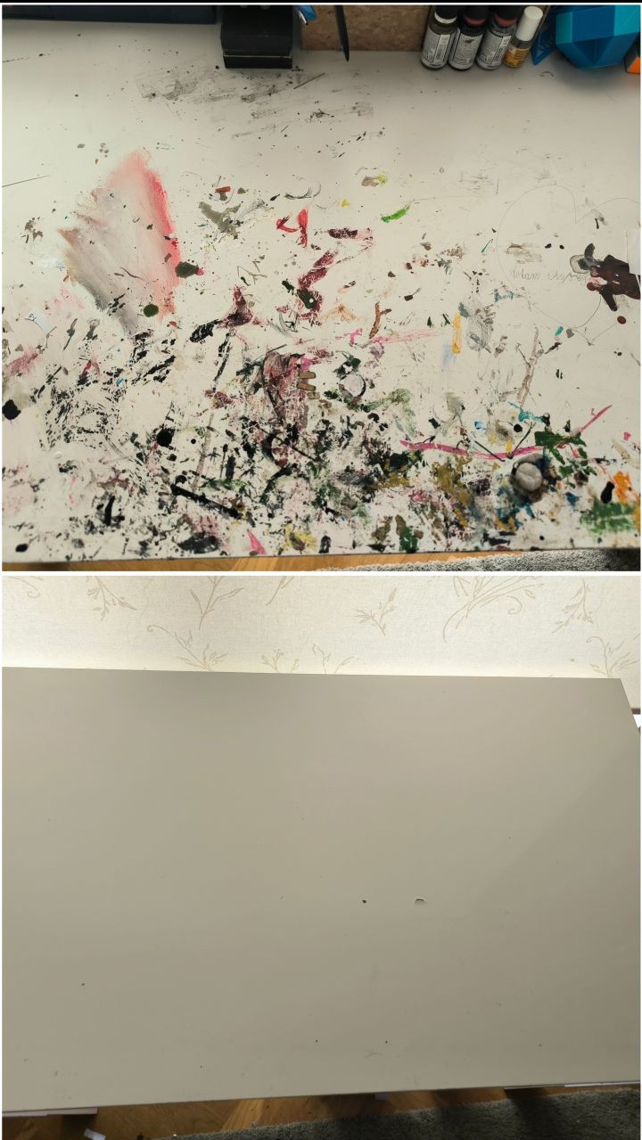 Blat biurka przed i po czyszczeniu. Na górze zabrudzony farbami i plamami, na dole czysty, biały blat. Widoczne ślady użytkowania.