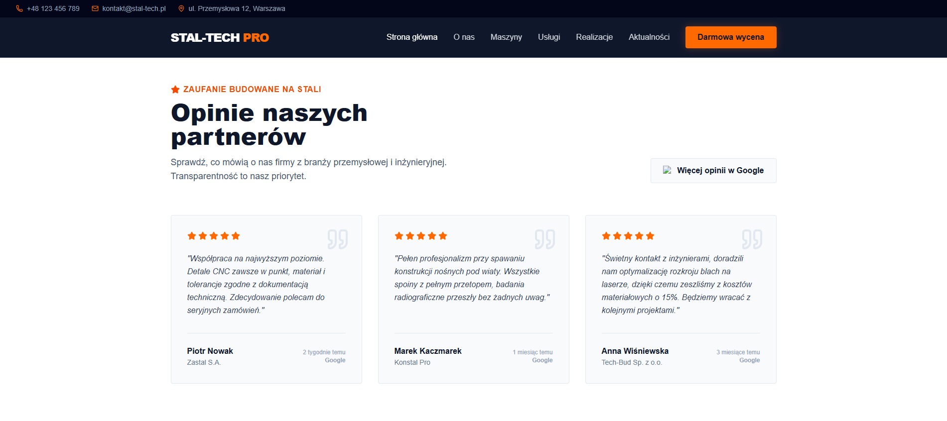 Opinie partnerów o Stal-Tech Pro na stronie internetowej. Referencje klientów z branży przemysłowej i inżynieryjnej, z ocenami i logotypami Google.