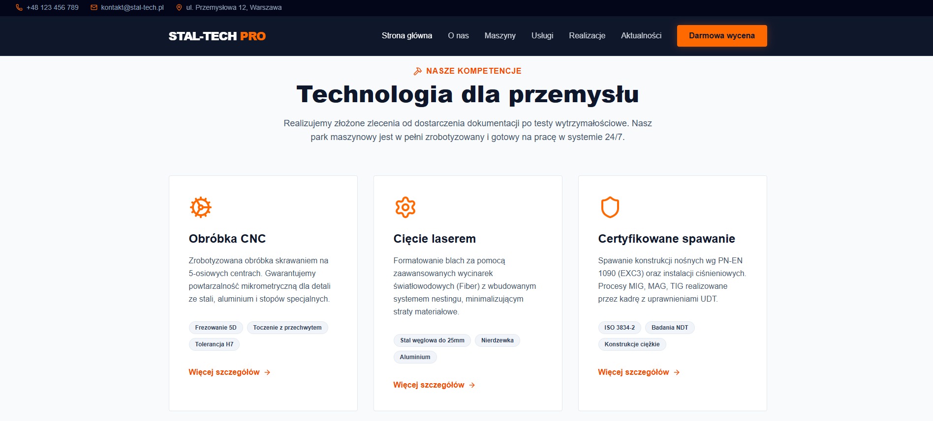 Strona internetowa firmy Stal-Tech Pro prezentująca usługi obróbki CNC, cięcia laserem i certyfikowanego spawania. Nowoczesny design, ikony i hasła podkreślają kompetencje.