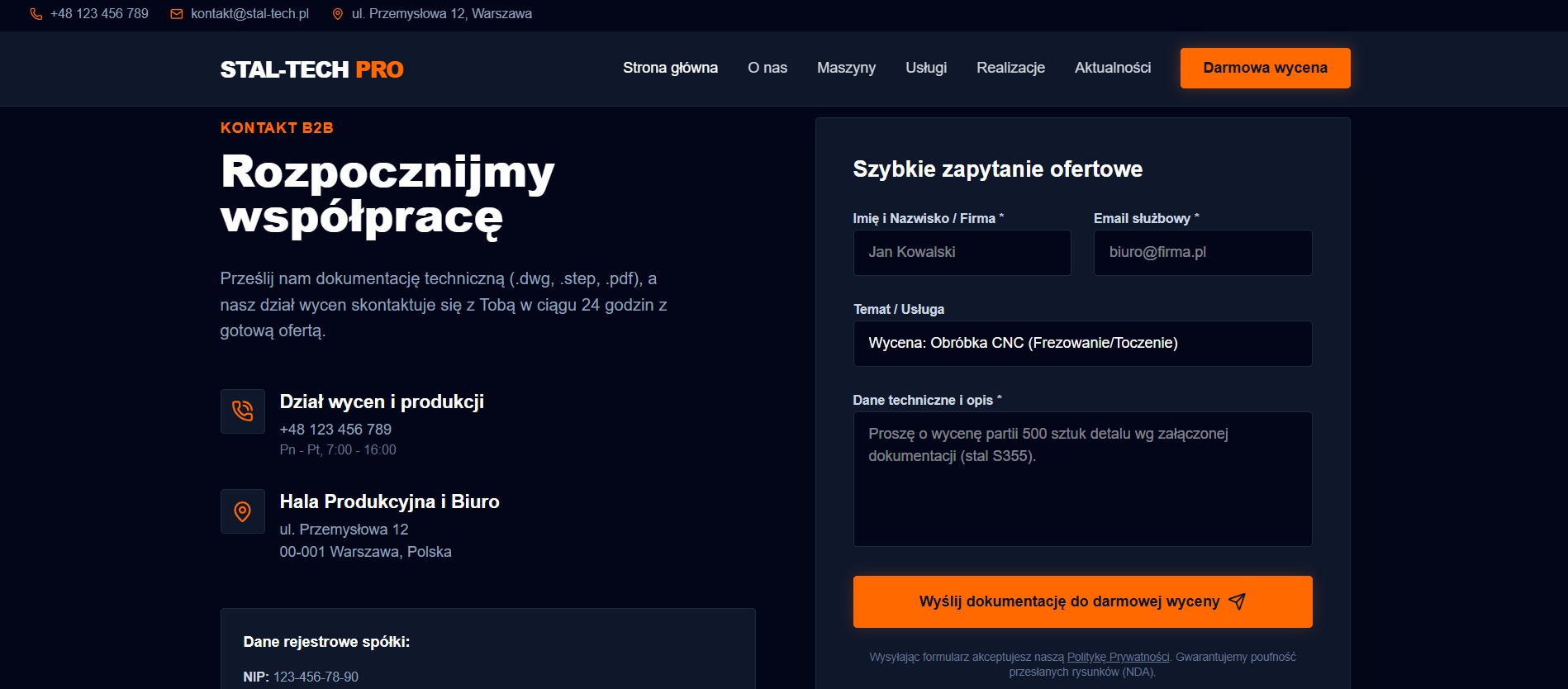 Formularz kontaktowy B2B firmy Stal-Tech Pro z polami do wyceny obróbki CNC (frezowanie/toczenie). Widoczne dane kontaktowe i adres firmy w Warszawie.