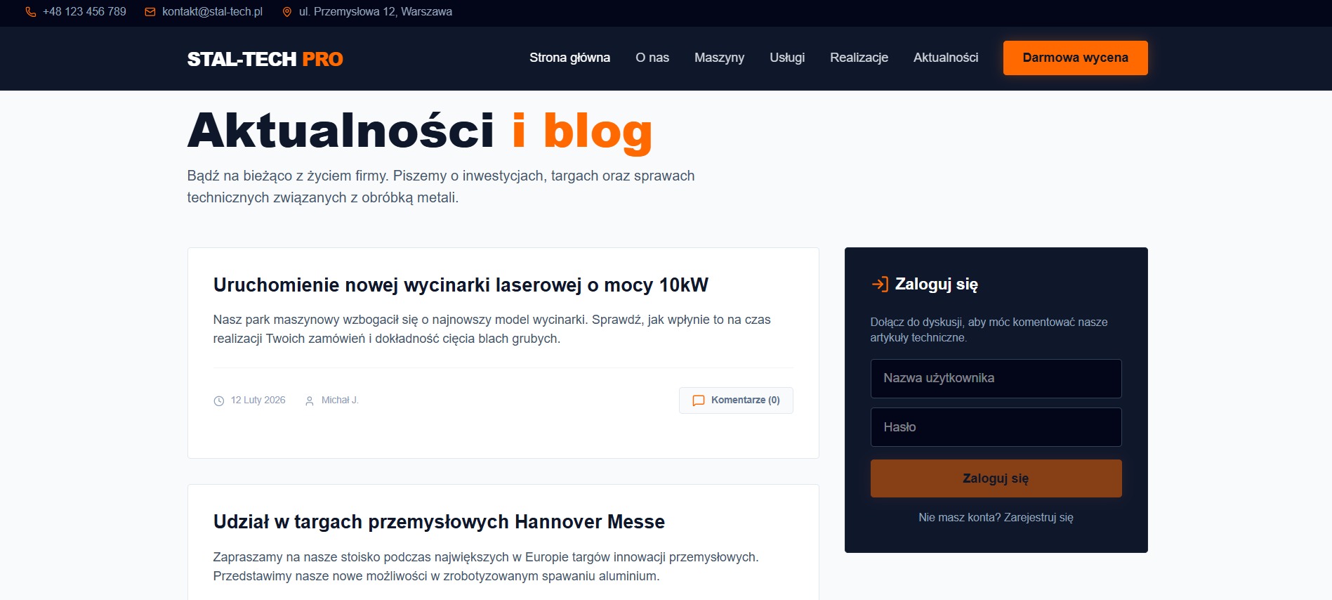Strona internetowa firmy Stal-Tech Pro z aktualnościami i blogiem, informująca o nowej wycinarce laserowej i udziale w targach przemysłowych Hannover Messe.