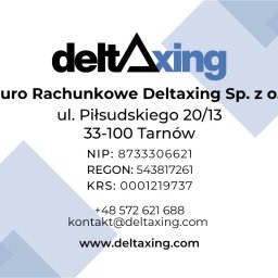 Wizytówka Biura Rachunkowego Deltaxing Sp. z o.o. z adresem, numerami NIP, REGON, KRS, telefonem i adresem e-mail na białym tle z niebieskimi elementami graficznymi.