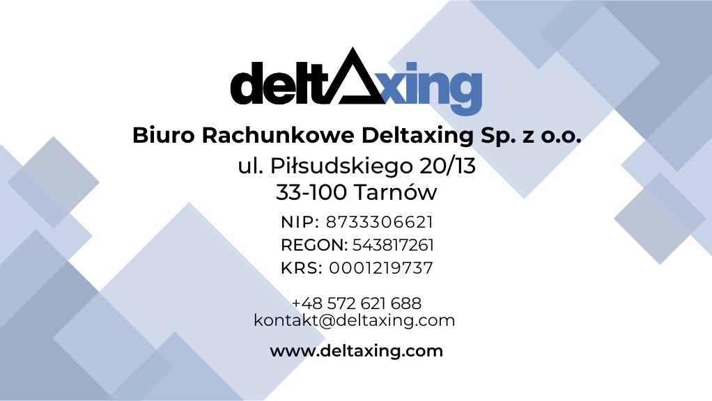 Wizytówka Biura Rachunkowego Deltaxing Sp. z o.o. z adresem, numerami NIP, REGON, KRS, telefonem i adresem e-mail na białym tle z niebieskimi elementami graficznymi.
