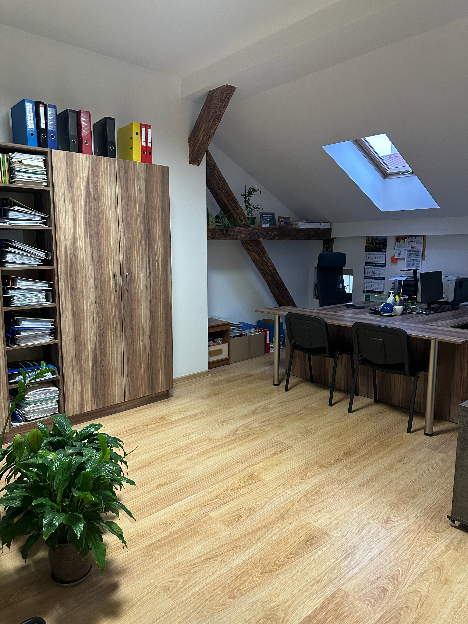 Biuro z drewnianymi meblami, regałem pełnym segregatorów i dokumentów. Na biurku komputery i kalendarze. Poddasze z oknem dachowym. W rogu doniczka z zieloną rośliną.