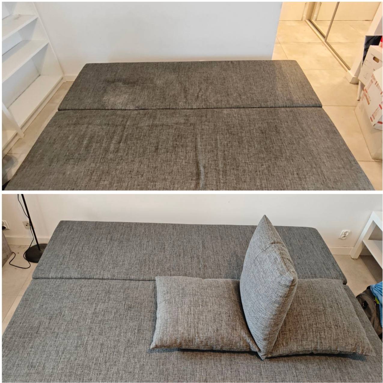 Kanapa modułowa przed i po czyszczeniu. Górna część pokazuje zabrudzenia, dolna - efekt po usunięciu plam i odświeżeniu tapicerki. Widoczne poduszki dekoracyjne.