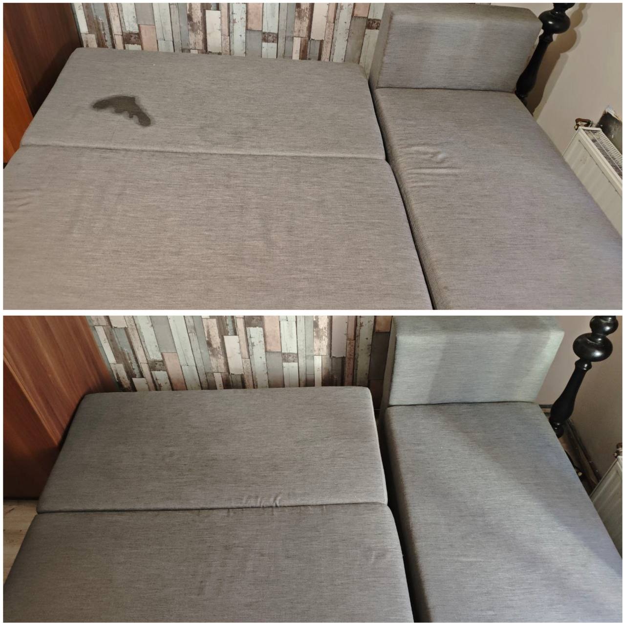 Kanapa modułowa przed i po czyszczeniu. Na górnym zdjęciu widoczna plama, na dolnym - czysta tapicerka. Tło: ściana z drewnianymi panelami.