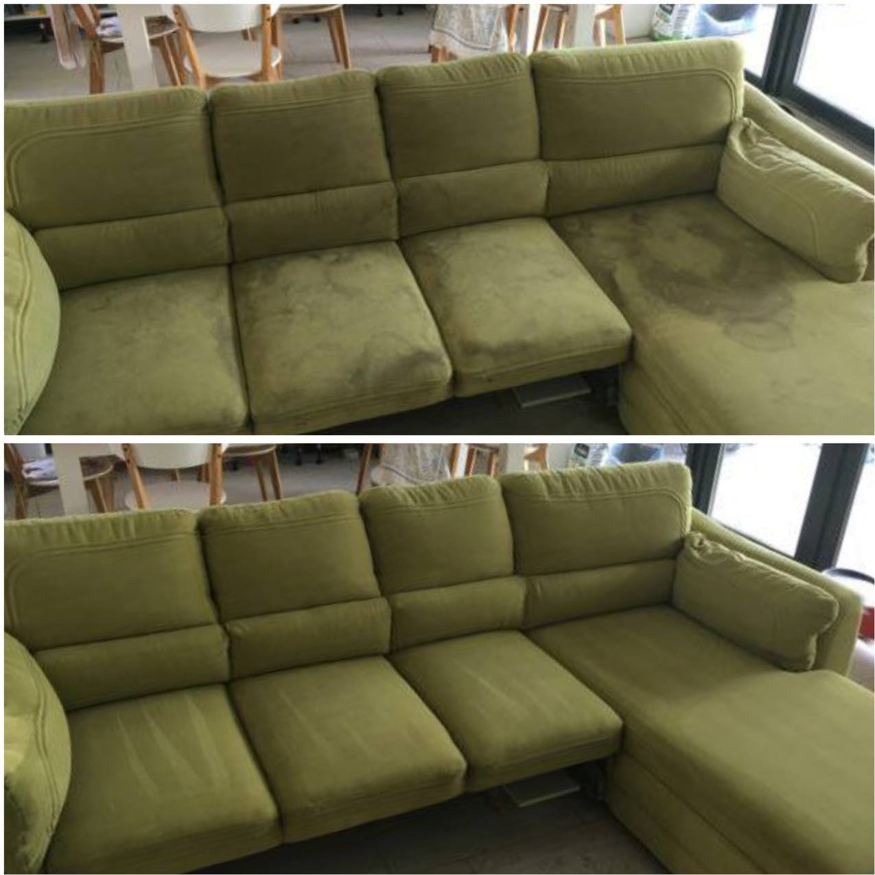 Zdjęcie przedstawia zieloną kanapę narożną przed i po czyszczeniu. Widoczne różnice w odcieniu i usunięte plamy na tapicerce. Jasne tło z krzesłami.