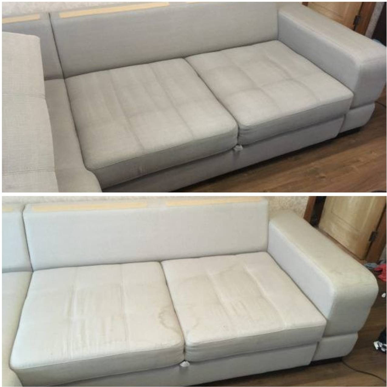 Szara, narożna kanapa modułowa w układzie 'przed i po' czyszczeniu. Widoczne różnice w wyglądzie tapicerki, szczególnie na siedziskach. Jasne tło.
