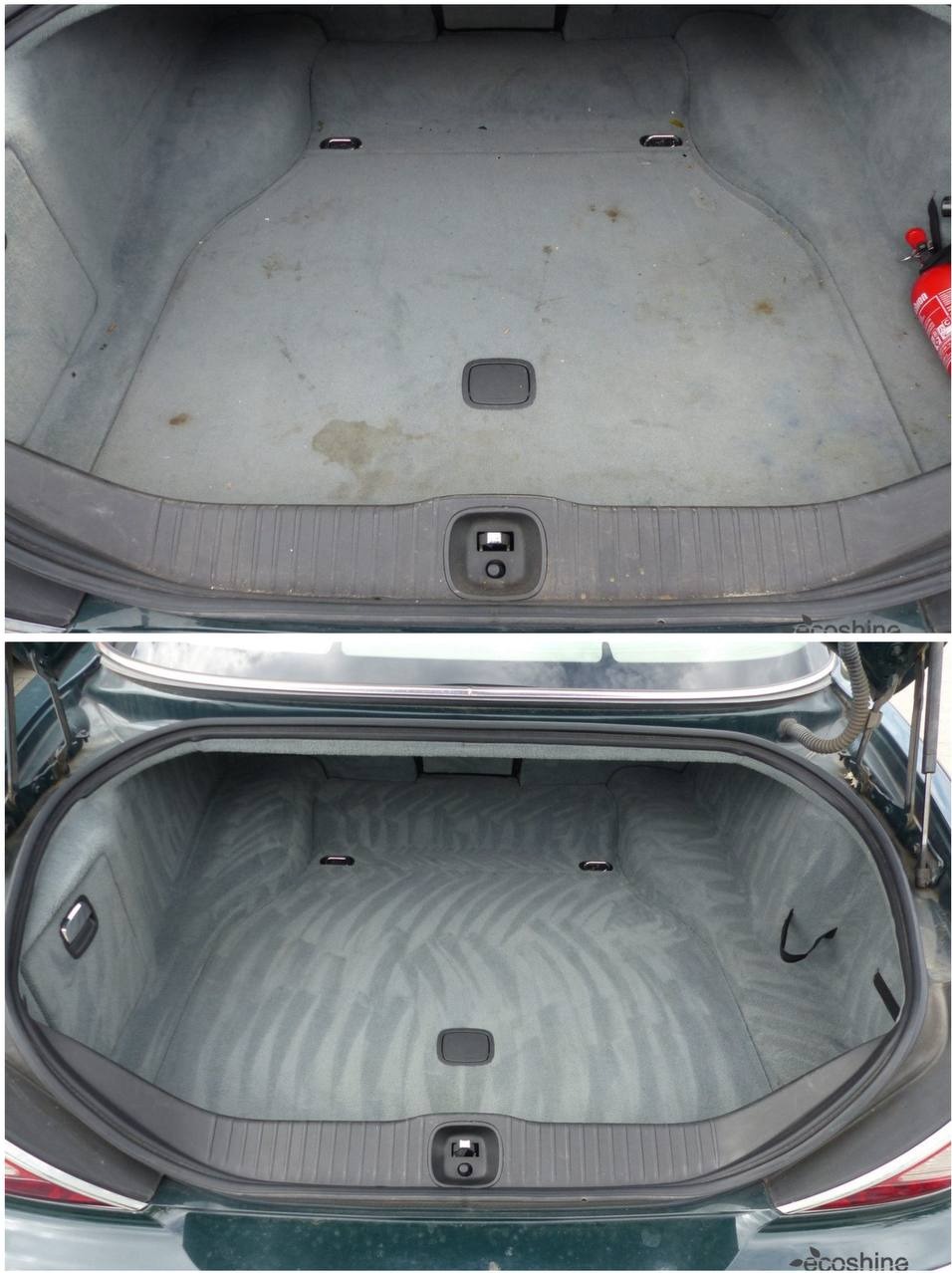 Tapicerka bagażnika samochodowego przed i po czyszczeniu. Widoczne plamy i zabrudzenia przed, a po czyszczeniu tapicerka czysta z widocznym wzorem po praniu.