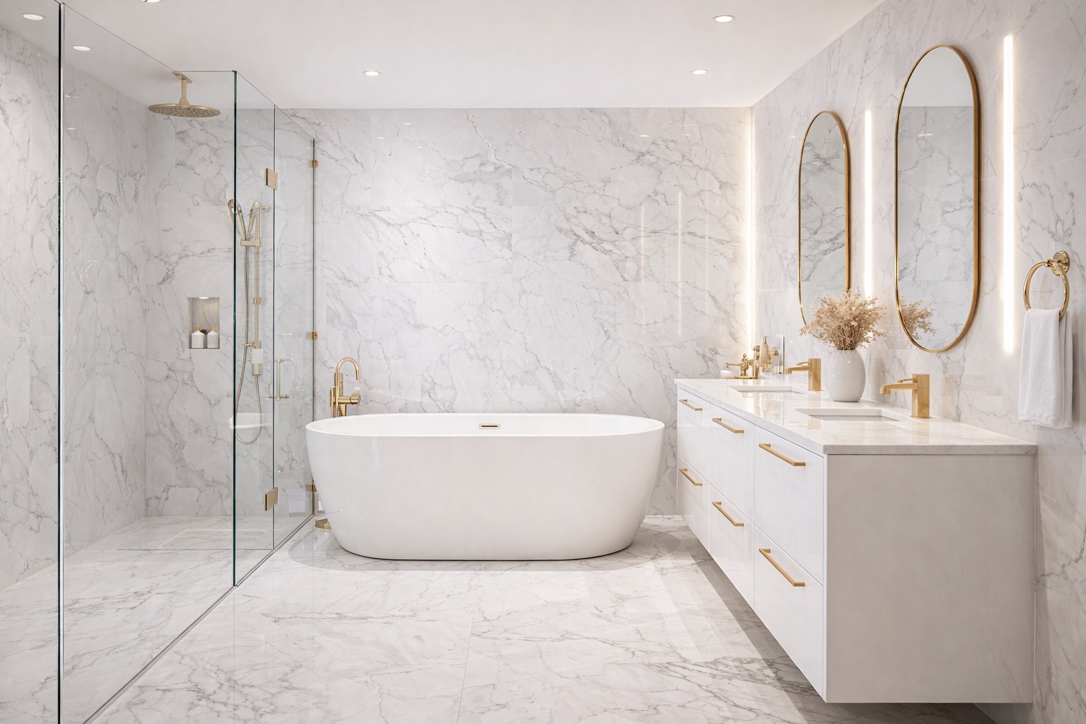 Elegancka łazienka z marmurowymi płytkami, białą wanną wolnostojącą i szafką z umywalkami. Złote akcenty armatury i oświetlenia dodają luksusowego charakteru.