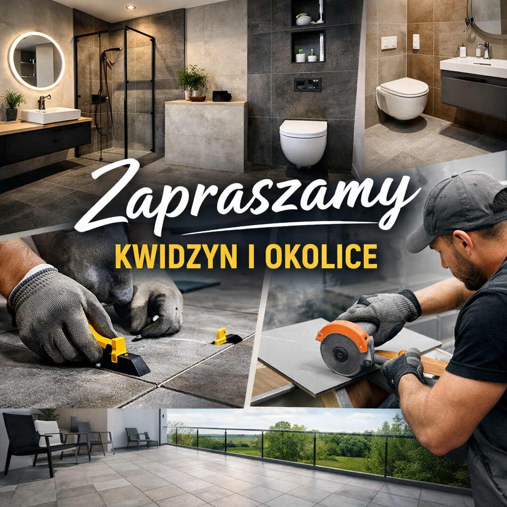 Układanie płytek w łazience i na tarasie. Fachowiec tnie płytki szlifierką. Nowoczesna aranżacja wnętrza z szarymi płytkami i czarnymi elementami.
