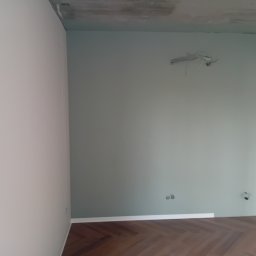 Dima Potapow - Świeżo pomalowane na pastelowo zielono ściany w pokoju z parkietem ułożonym w jodełkę. Widoczne gniazdka elektryczne i wystające kable. Surowy betonowy sufit.