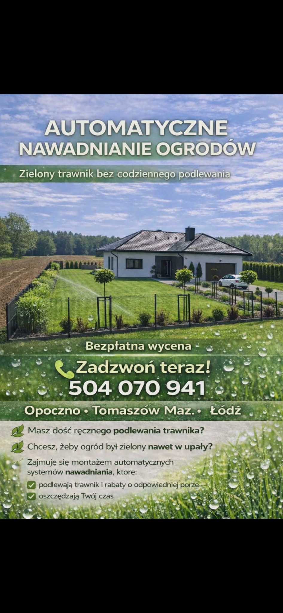 Automatyczne nawadnianie ogrodu: zielony trawnik przed domem z systemem zraszającym, nowoczesny dom w tle, reklama z numerem telefonu i hasłami.