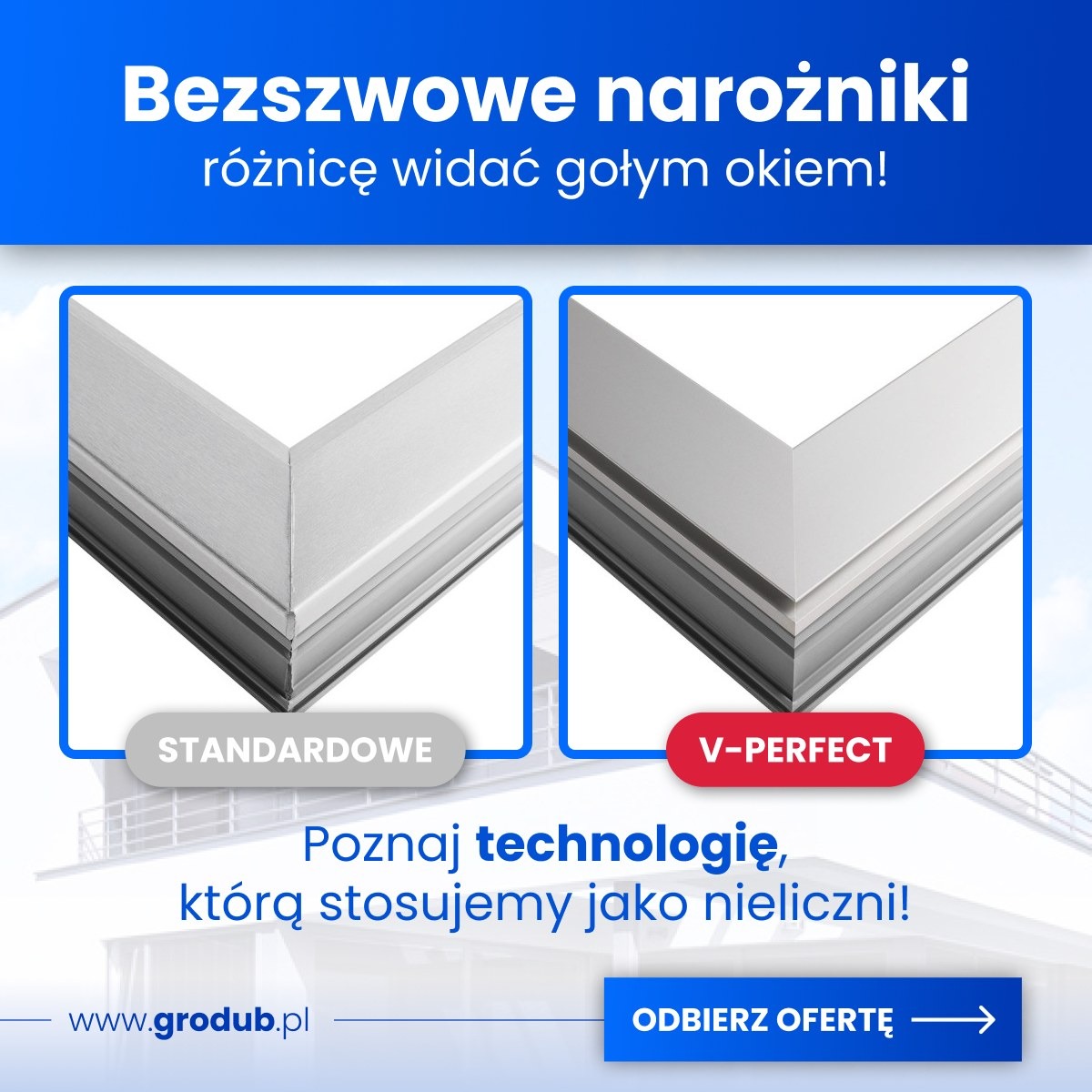 Porównanie narożników okiennych: standardowy i V-Perfect. Prezentacja technologii bezszwowego łączenia, podkreślająca estetykę i jakość wykonania. Widoczna różnica w wykończeniu.