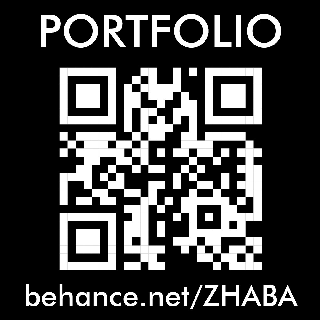 Portfolio z kodem QR i adresem Behance w Białymstoku. Czarno-biała grafika prezentuje link do prac.