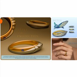 Youra - Koncepcja pierścienia inspirowanego wielorybem: render 3D, szkic i zdjęcie na palcu. Złoty pierścień z niebieskim kamieniem, łączący styl i funkcję samoobrony.