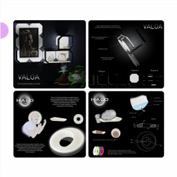 Youra - Ilustracja koncepcyjna systemu personalizowanych wyświetlaczy VALOA i poduszki HALO z oświetleniem LED, prezentująca moduły, wymiary i funkcje w minimalistycznym stylu.