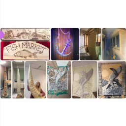 Youra - Zestawienie różnorodnych rękodzieł: pirografia z motywem rybnym, kotwica na drewnie, konstrukcja drewniana, kolumna z pączkami, rzeźba wieloryba i mozaika z wielorybem.