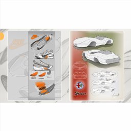 Youra - Szkice koncepcyjne: rozłożony model buta Nike z widocznymi elementami amortyzacji oraz projekt samochodu Alfa Romeo Spider z różnymi ujęciami i detalami.