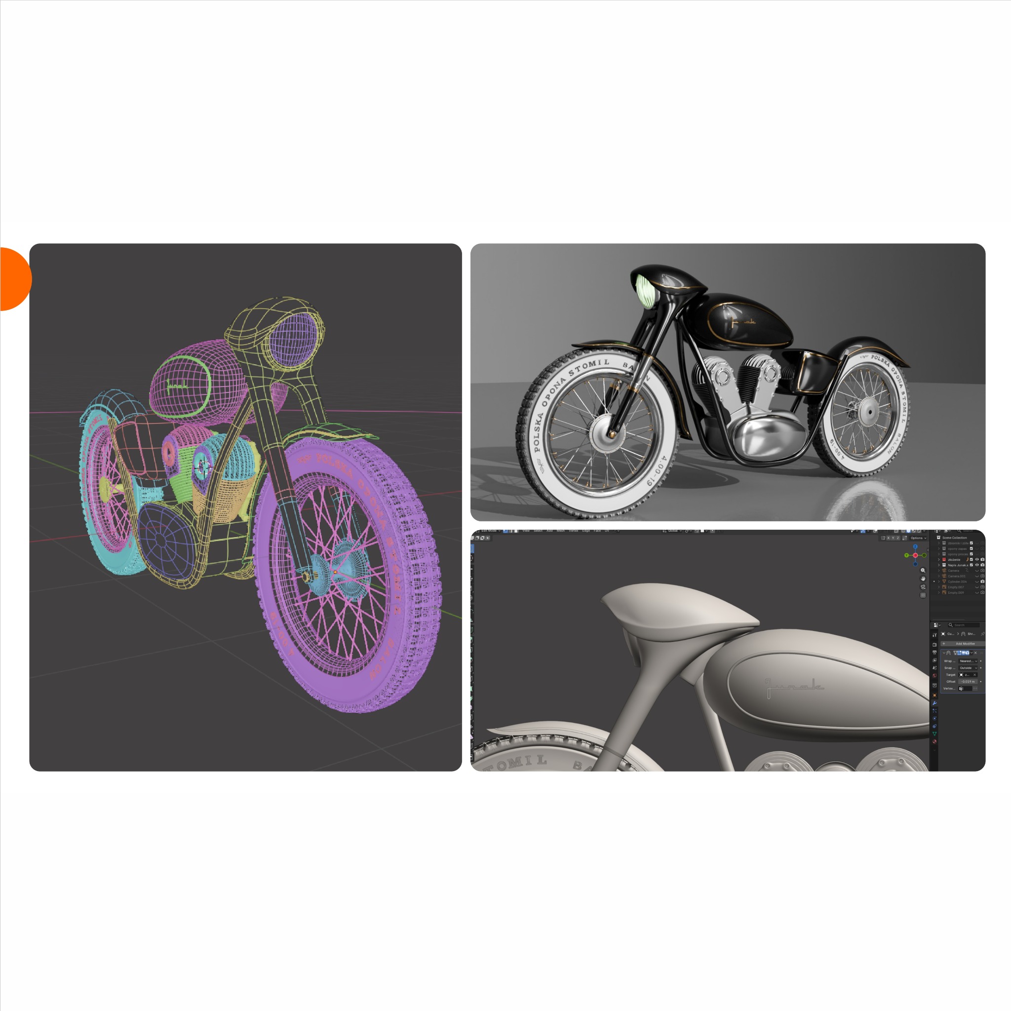 Modelowanie 3D motocykla Junak: widok siatki, renderowany model i zbliżenie detali w programie. Prezentacja procesu tworzenia modelu 3D.