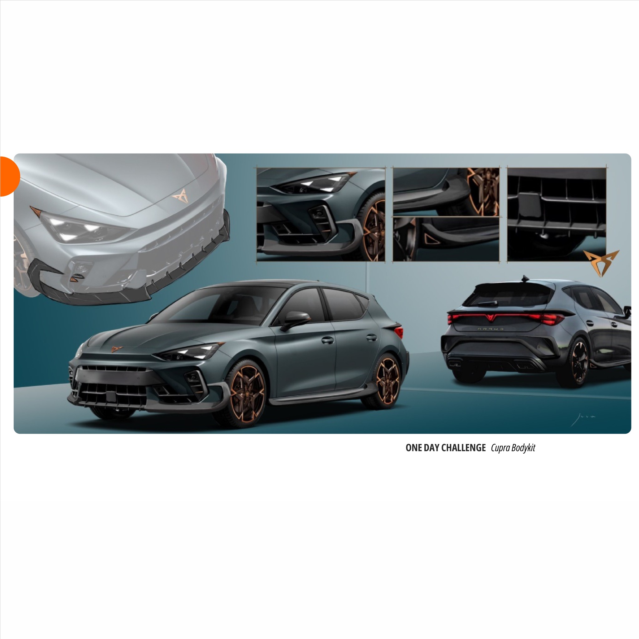 Ilustracja koncepcyjna Cupra Bodykit z detalami: przód, tył i zbliżenia elementów. Szaro-miedziana kolorystyka, dynamiczna sylwetka, nowoczesny design.