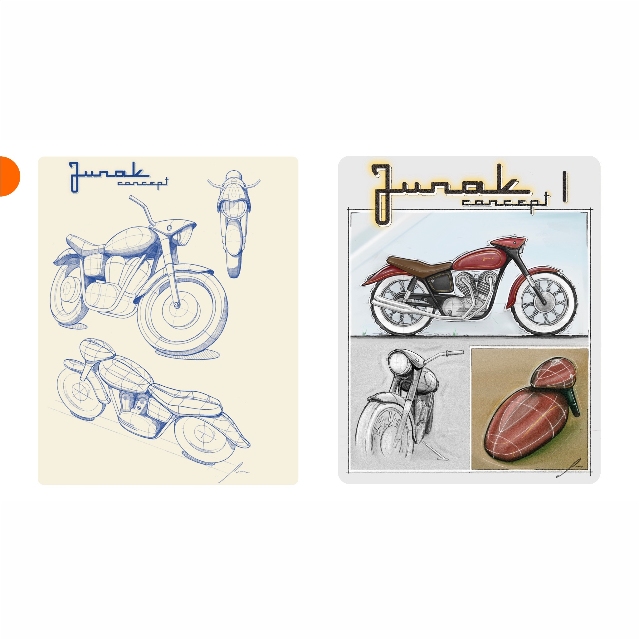 Szkice koncepcyjne motocykla 'Jurak' w różnych ujęciach i stylach: techniczny rysunek liniowy, realistyczny szkic z kolorem i detalami, oraz zbliżenie na element.