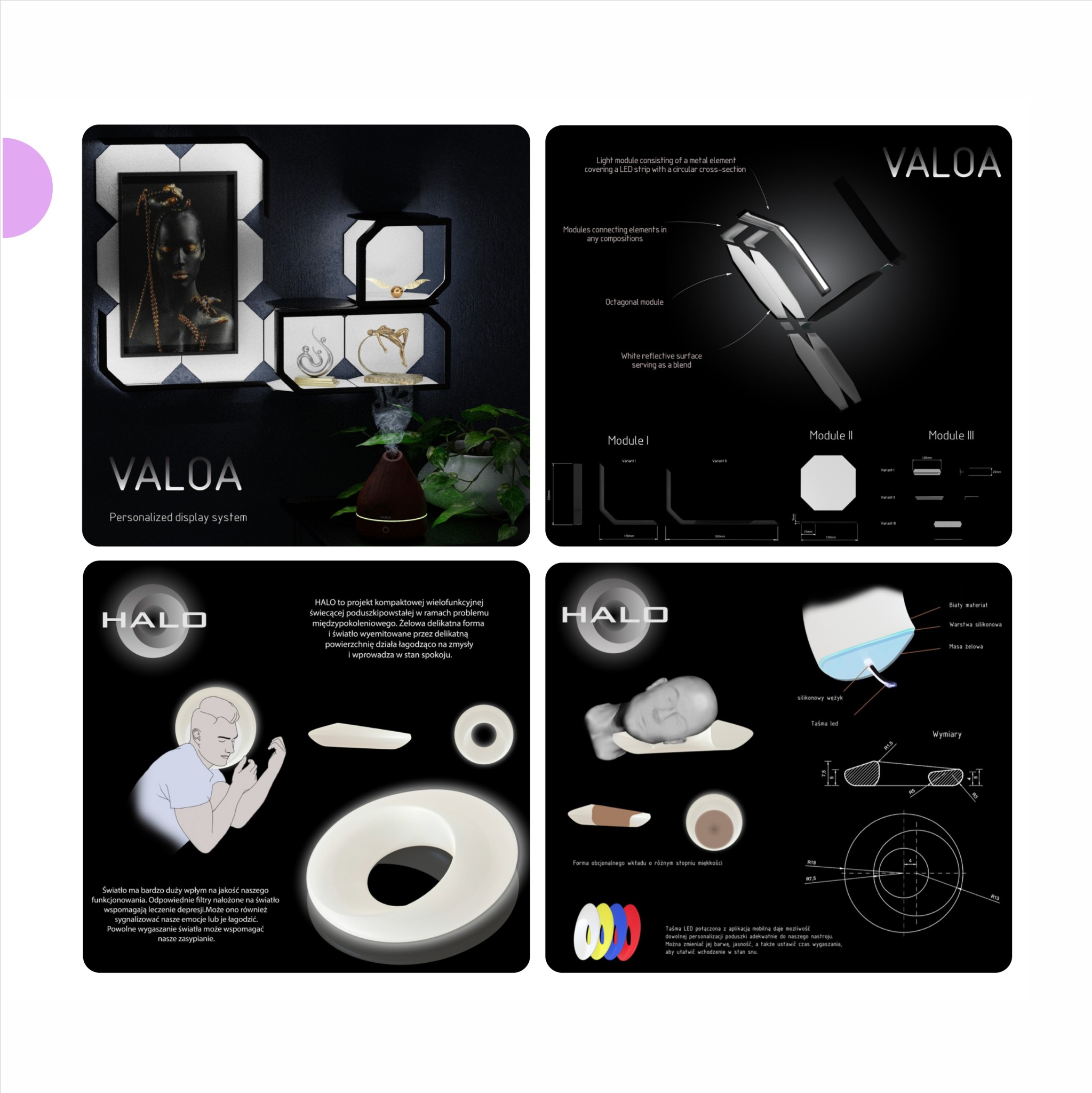 Ilustracja koncepcyjna systemu personalizowanych wyświetlaczy VALOA i poduszki HALO z oświetleniem LED, prezentująca moduły, wymiary i funkcje w minimalistycznym stylu.